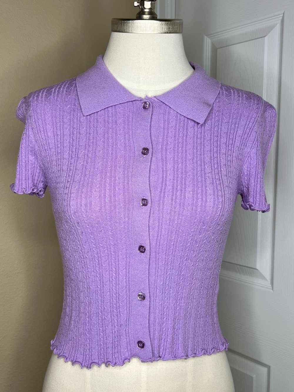 Lilac Ribbed Knit Polo Button-Up Top